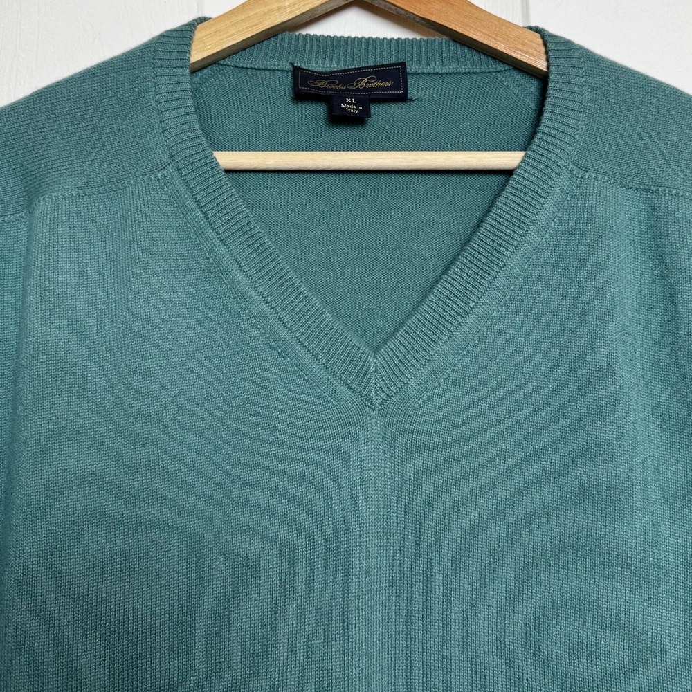 Brooks Brothers Italy Merino Wool V Neck Sweater Size XL Teal Blue Green - Picture 3 of 11